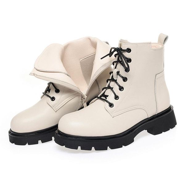 

boots women winter genuine 2021 fashion warm ankle large size british style motorcycle, Black