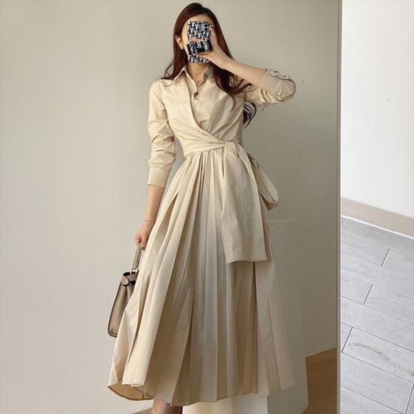 

[ewq] khaki simplicity cross women dresses straps to close the waist lapel long sleeve fashion tide spring autumn 2f0361, Black;gray