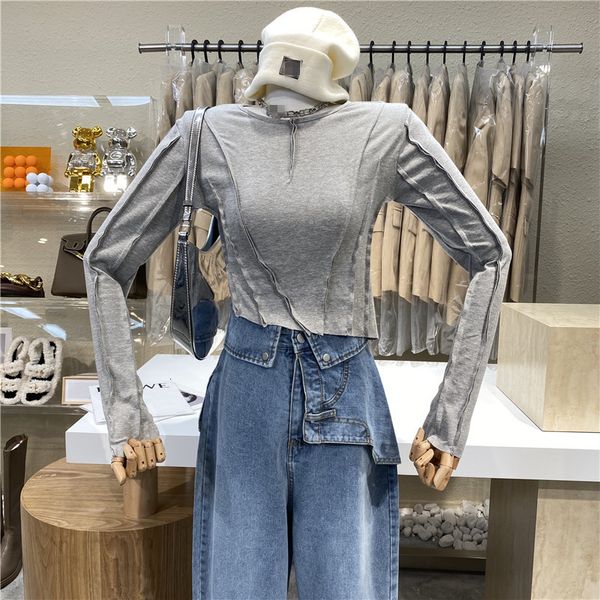 

original niche 2021 short irregular midriff harvesting machine tight strain shirt design top, White