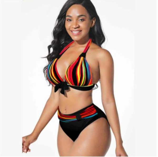 

one-piece suits plus size swimming 2021 designed split mid waist v-neck printed multi color halter bathing women