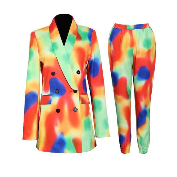 

women's two piece pants autumn style double-breasted lapel tie-dye casualsuit jacket retro gradient color fashion high-waisted trousers, White