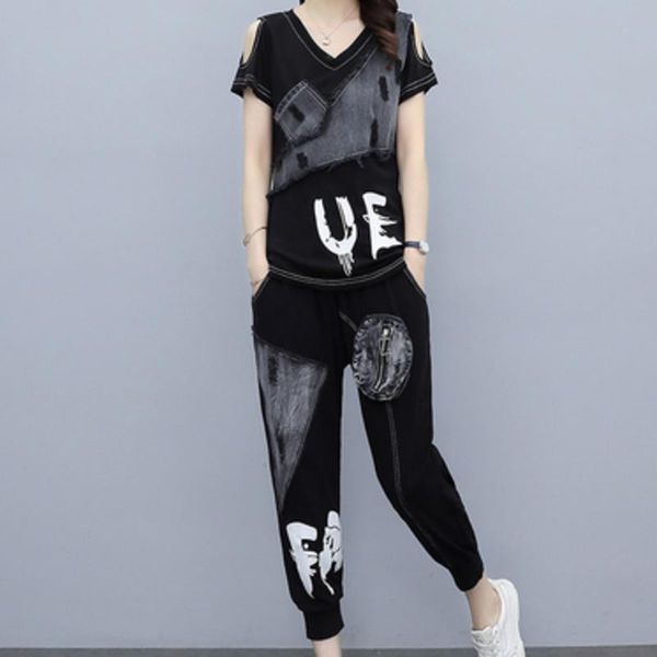 

women's suit v-neck short-sleeved letter printing stitching pockets street casual style trousers two-piece two piece pants, White