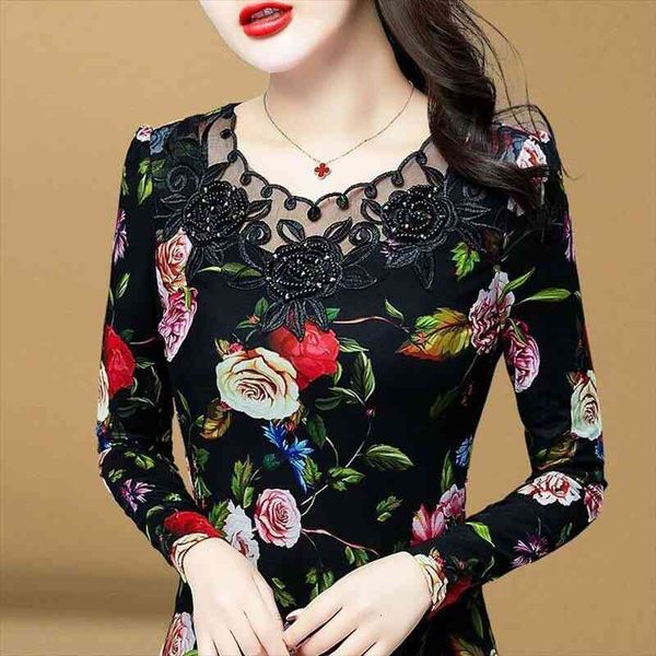 

autumn winter womens long sleeved lace bottoming shirt female printing mesh gauze blouse lady warm underwear plus 5xl, White