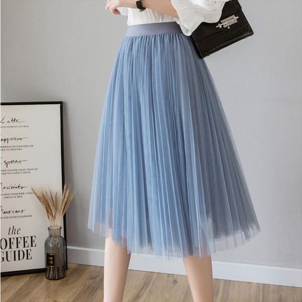 

spring summer tulle midi pleated black womens skirt white elastic high waist mesh tutu