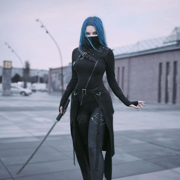 

insgoth punk leather patchwork black women gothic streetwear doubt zipper turtleneck long sleeve autumn t-shirts, White