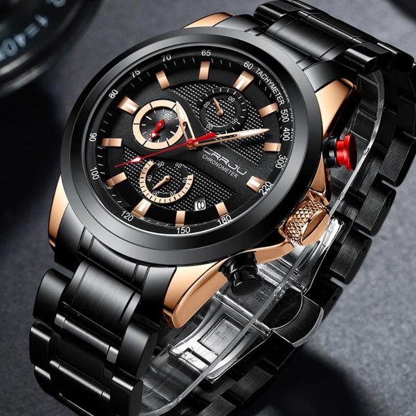 

wristwatches men watches crrju stainless steel for mens 2021 fashion chronograph calendar clock quartz gold reloj hombre, Slivery;brown