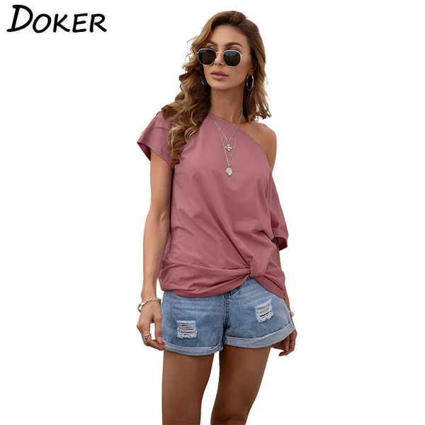 

summer solid color o neck tee shirt femme off-shoulder under twisted flower diagonal collar casual t-shirt women 210604, White