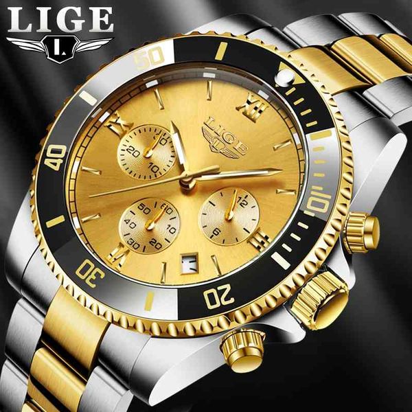

lige men watch business waterproof date es fashion multifunction stainless steel golden quartz relogio masculino+box 210728, Slivery;brown
