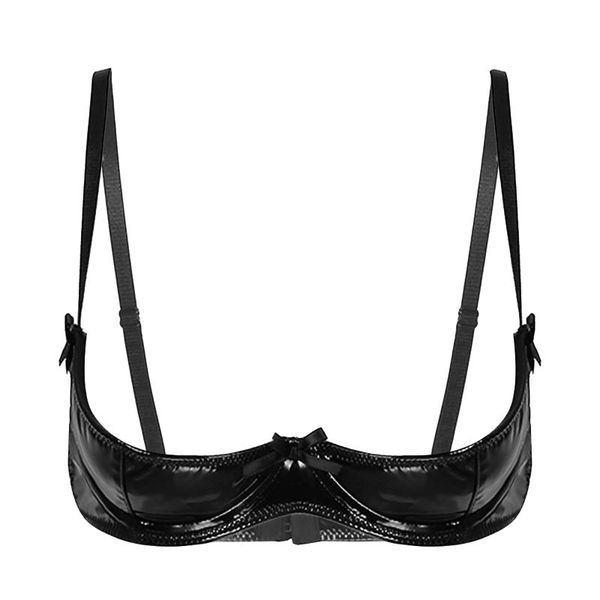 

bras women half cup bra open nipple lingerie patent leather underwired underwear adjustable straps unlined brassiere, Red;black