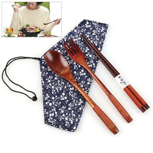 

chopsticks 3pcs sendok garpu set sumpit kayu perjalanan portabel
