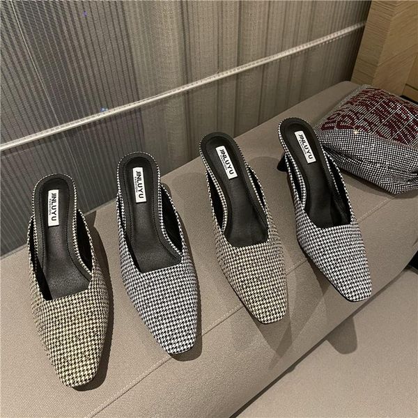 

dress shoes dxfan houndstooth tweed kitten heel women mules vintage square toe elegant plaid pumps ladies, Black
