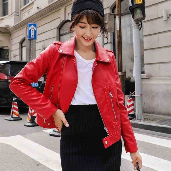 

spring autumn red leather jacket women casual long sleeved zipper short biker coats ladies fashion faux 210525, Black