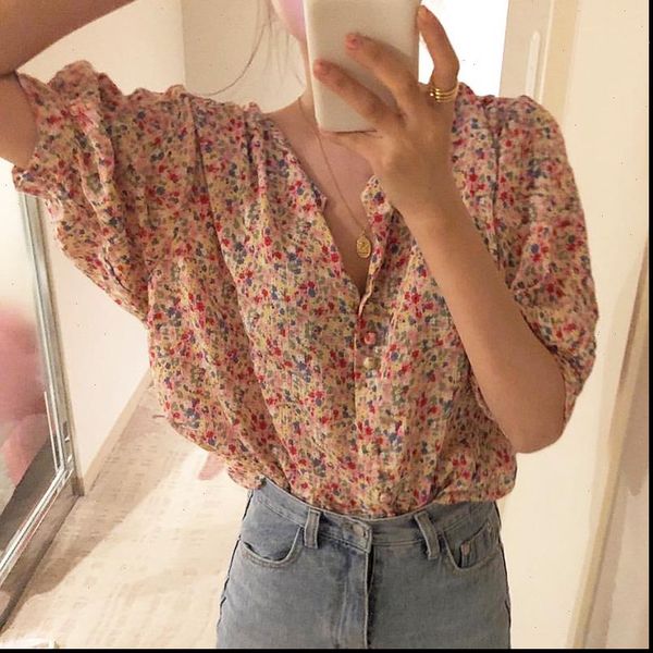 

korobov women blouses korean flower print elegant vintage shirts casual v neck half sleeve female chiffon blusas 77378, White
