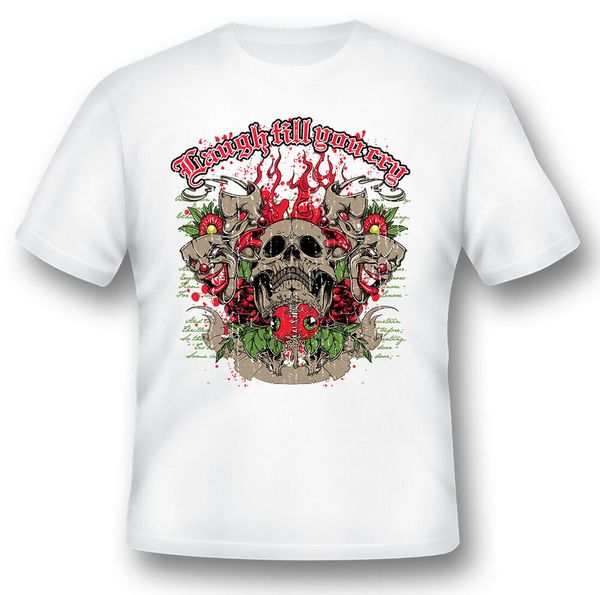 

laugh till you cry skull masks flames black or white tee, White;black