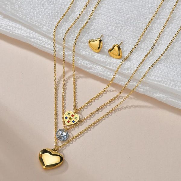 

chains creative titanium steel peach heart color diamond love necklace earrings women's suit trend sweater chain 2021, Silver