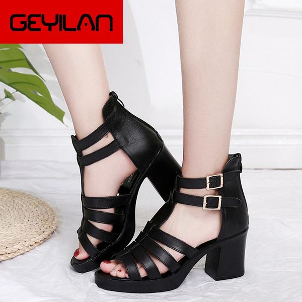 

rimocy black double buckle square heels sandals women fashion platform ankle strap pumps woman peep toe gladiator shoes