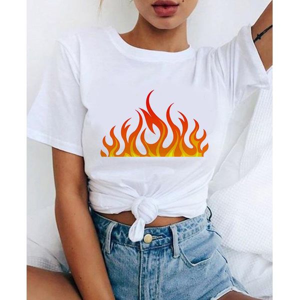 

women's t-shirt graphic tees flame theme tshirts women funny t shirt o-neck vogue ullzang mujer_t-shirt, White