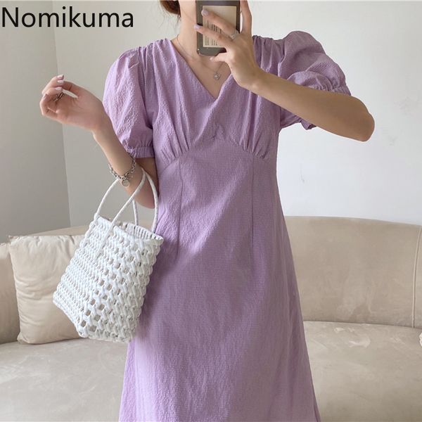 

nomikuma vintage puff sleeve dress women slim waist v neck korean chic midi dresses unicolor casual a line vestidos mujer 210514, Black;gray