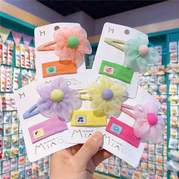 

hair accessories 2 pcs sweet girl cute beautiful colorful yarn flower hairpins korean fashion children's fruit fabric bb clip, Slivery;white