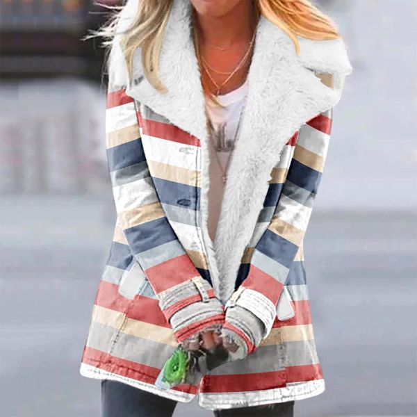 

women's jackets women 's clothing autumn and winter rainbow striped plus velvet thick warm cotton jacket solid color long sleeve c, Black;brown