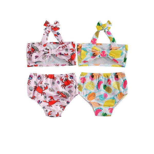 

summer girls swimwear printed bowknot kids bikini sets baby swimsuit two piece toddler bathing suits beachwear 1-6y clothing, White