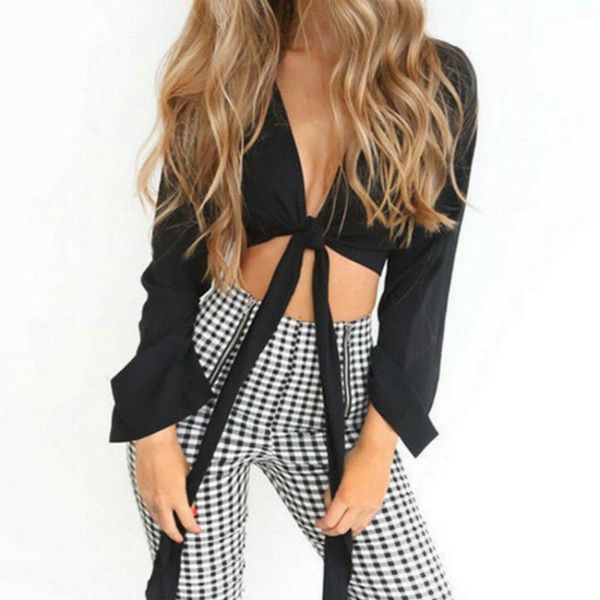 

women's blouses & shirts women summer casual flare sleeve cropped blouse lady girls bandage v-neck crop shirt, White