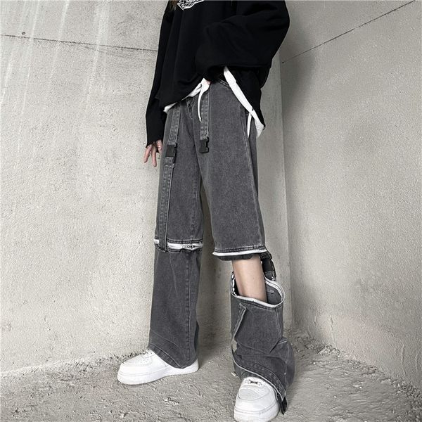 

2021 hip-hop street trend buckle-style removable zipper tool torn jeans woman high waist, Blue