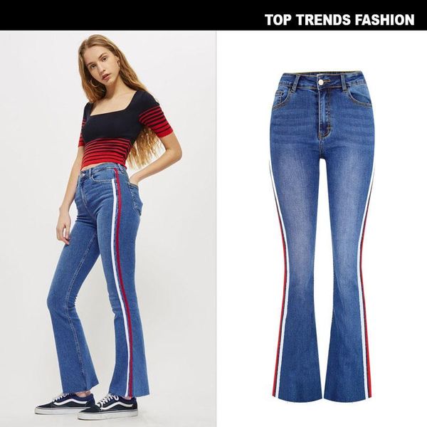 

women's jeans cross border women s wear high waist flares cowboy wide legged pants stitching double color ribbon bootleg, Blue