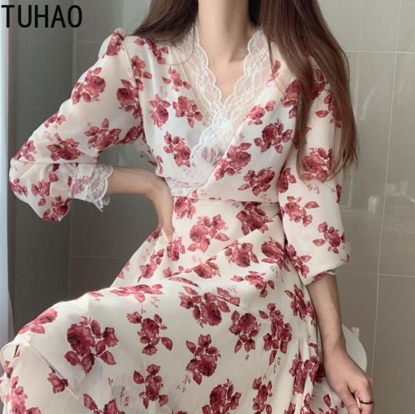 

casual dresses tuhao 2021 romantic lace chiffon dress runway fashion bohemian style women long sleeve office lady print lz, Black;gray