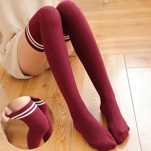 Дизайн полосатые длинные чулки мода женщины осень зима вязаные хлопок теплые бедра высокие носки дамы сексуальные над коленами чулки