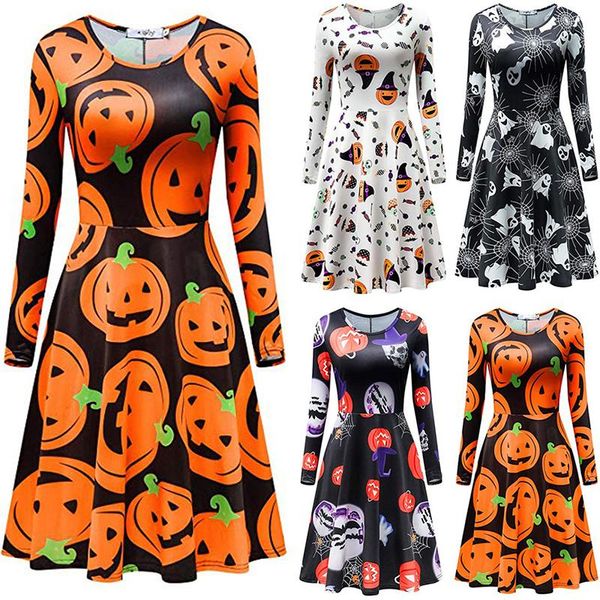 

casual dresses womens halloween dress long sleeve round neck pumpkin printed flared party mid length a-line vestidos, Black;gray
