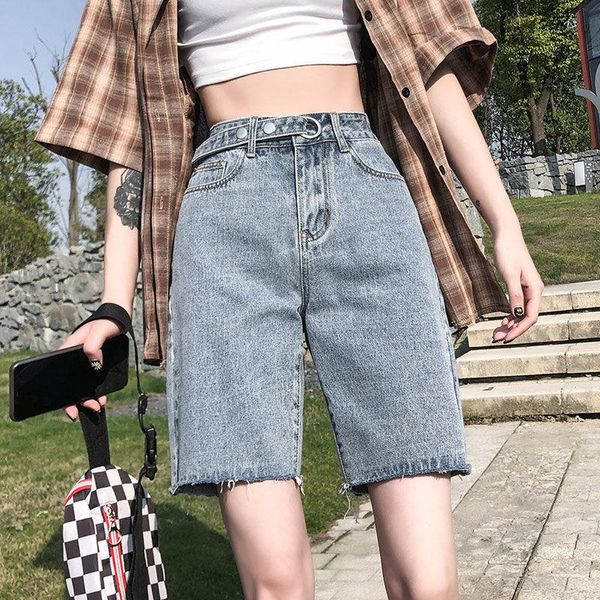 

women's jeans high waisted five point straight loose 2021 summer style hong kong thin riding pants 5-point shorts tide, Blue