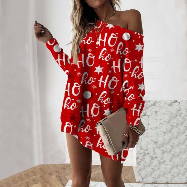 

casual dresses christmas sweatshirt dress women snowflake print long sleeve off shoulder hoodie loose autumn warm pullover party, Black;gray