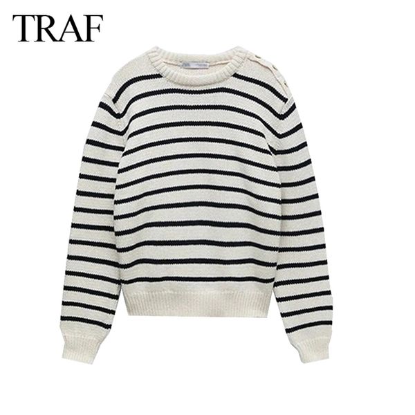 

traf spring and autumn women's sweater pullover long sleeve round neck ladies stripe printed knit fashion retro casual wear 211103, White;black
