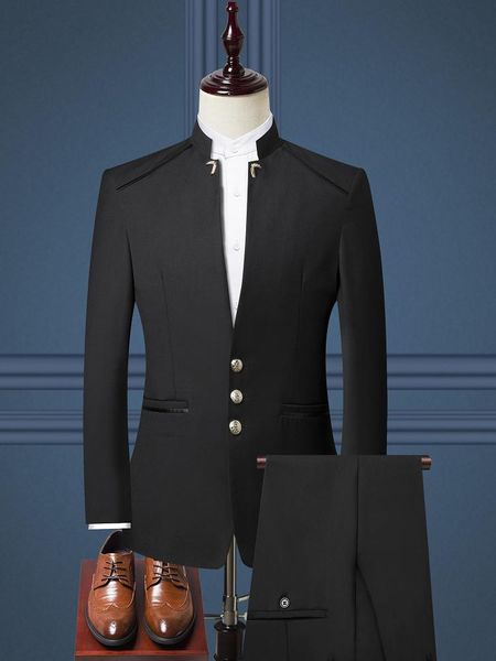

stand collar men suit set tuxedo slim fit male blazer jacket and pants chinese style men's wedding business dress suits & blaze, White;black