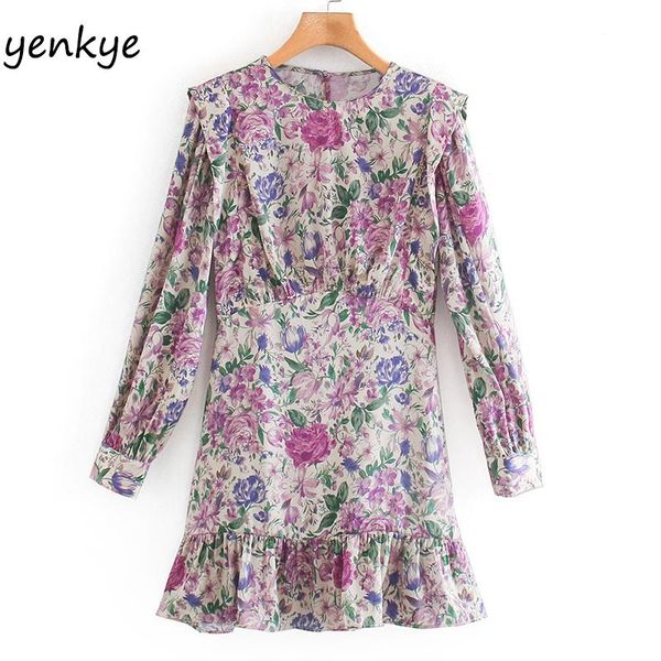 

casual dresses vintage fall women floral print long sleeve o neck hem ruffle a-line mini fashion lady autumn dress short vestido, Black;gray