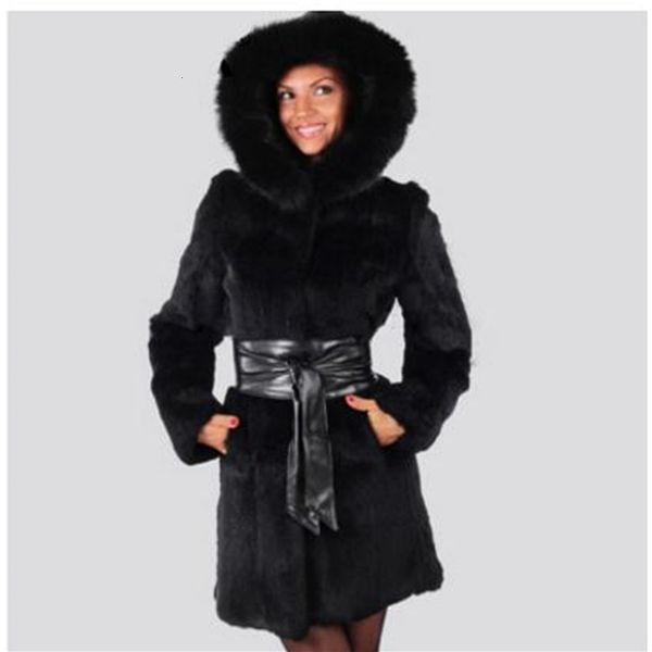 

women's wool & blends female hooded mink fur jackets long section casaco de pele large size casual womens overcoats warm clothes s, Black