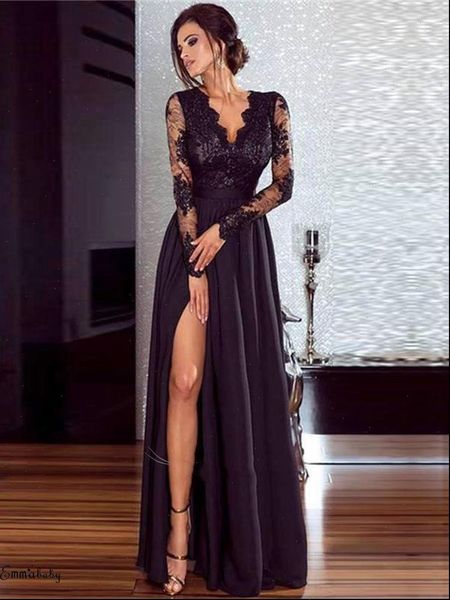 

fashion women dresses dress v neck lace long sleeve female formal prom gown party evening split s 2xl, Black;gray