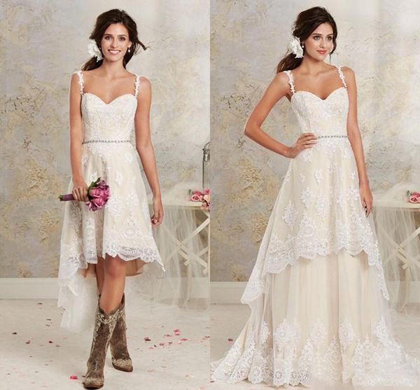 2021 nuovi abiti da sposa sexy in due pezzi abiti da sposa in pizzo a spaghetti con gonna corta staccabile hi-lo abito da sposa bohemien country