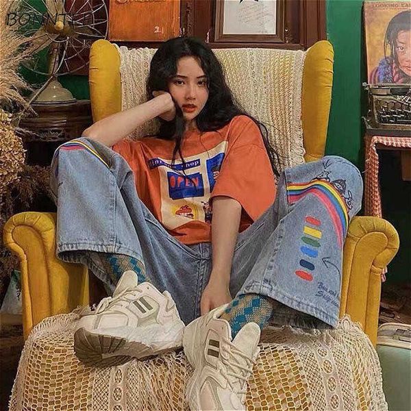 

jeans women harajuku rainbow printed couple retro summer wide-leg college teens streetwear chic korean boyfriend womens trousers, Blue