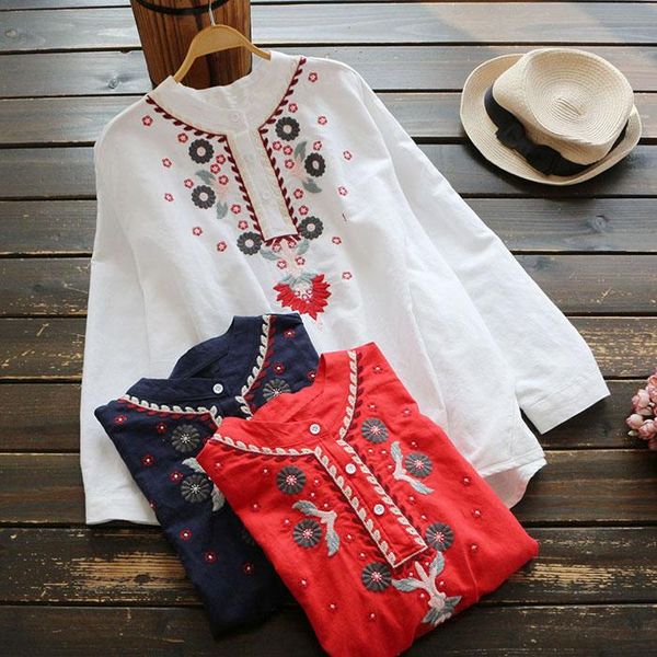 

women's blouses & shirts 2021 fashion ethnic o neck embroidery blouse shirt lady cotton all-match casual student, White