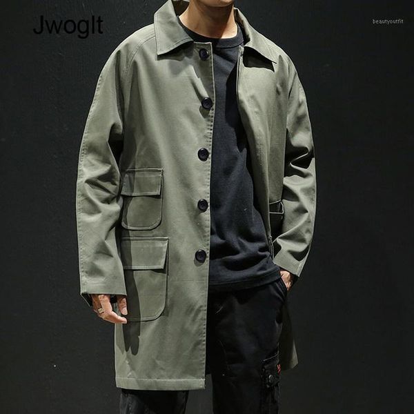 

men's trench coats autumn cotton men long casual fashion solid color single breasted black army green windbreakers outwear, Tan;black