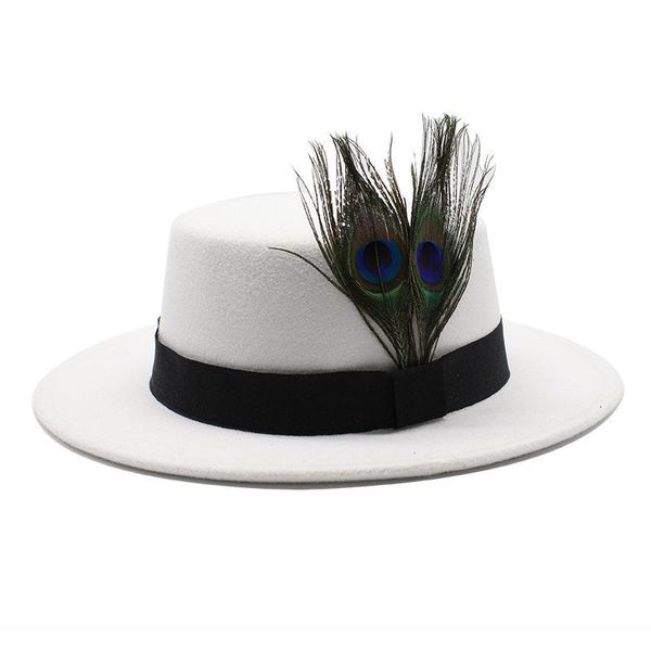 

wide brim hats british style peacock feather classic retro woolen flat cap big brimmed elegant autumn and winter men women couple top, Blue;gray