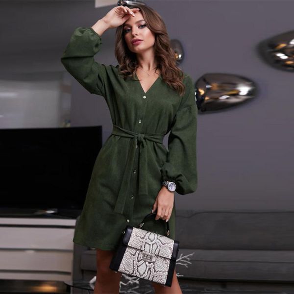 

casual dresses moarcho v-neck sashes corduroy mini women buttoned long lantern sleeve female 2021 autumn dress vestidos, Black;gray