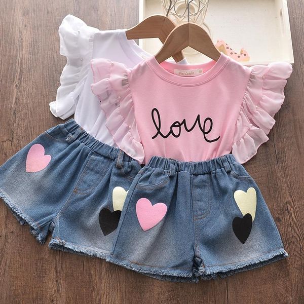 

clothing sets summer brand girls butterfly sleeve t-shirt with letter heart pattern jean shorts fashion suit clothes 3-7y, White