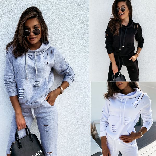 

women's two piece pants designer women clothes 2 tracksuits burnt holes hooded sweatshirts solid color jogger sweatpants suit pockets 2, White
