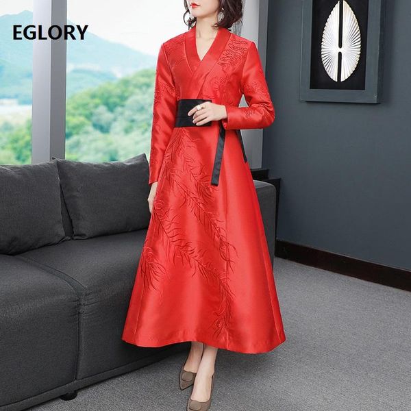 

casual dresses brand chinese dress 2021 autumn winter party red black women v-neck luxurious embroidery long xxl size, Black;gray