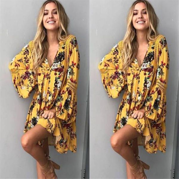 

casual dresses floral print dress women long sleeve deep v neck party bohemian beach mini sundress vestido mujer #g4, Black;gray