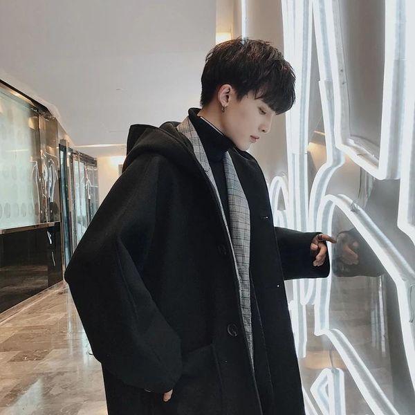 

autumn and winter fashion men's hooded woolen trench coat casual loose single breasted overcoat medium long wea suits & blazers, White;black