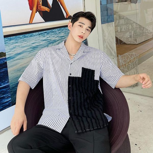 

men's casual shirts 2021 summer turn-down collar short sleeve stripe shirt for men single pocket loose cuasal japan style clothing, White;black